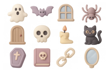 Cute halloween icons featuring ghosts, bat, spider, and more in soft pastel tones
