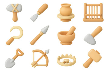 Ancient pottery and tool icons in 3d soft clay style for craft enthusiasts