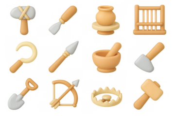 Ancient pottery and tool icons in 3d soft clay style for craft enthusiasts