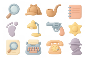 3d detective icons set: vintage and modern tools in pastel tones