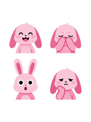 Cute cartoon set of a pink rabbit or bunny character with different head expressions: happy, shy, surprised, and thinking sadly, vector illustration.