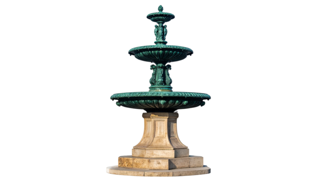 Three-tiered fountain, bronze and stone, isolated on black backdrop