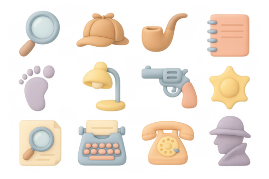 3d detective icons set: vintage and modern tools in pastel tones