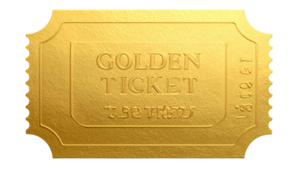 A golden, ornate ticket with "GOLDEN TICKET" inscribed on it