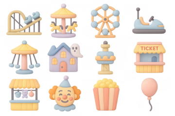 Playful 3d icons of amusement park rides and snacks