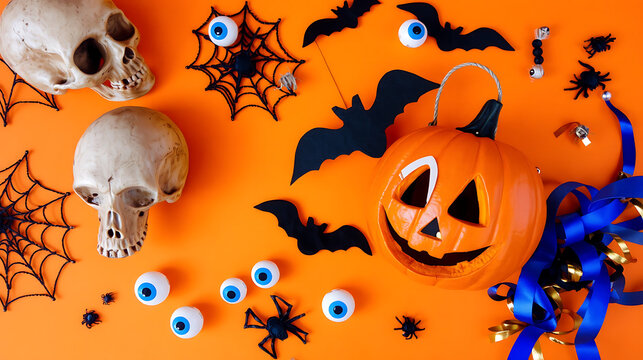Halloween party, skull, smiling pumpkin bucket, jack-o'-lantern with ghostly face, spider webs, bat silhouettes, fake eyeballs, orange background pattern - Powered by Adobe