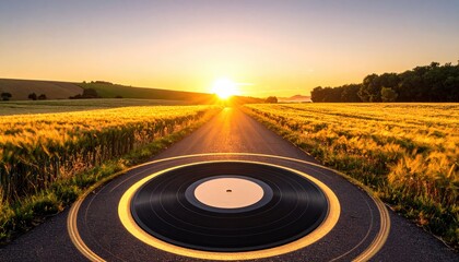 Sunrise road with vinyl record