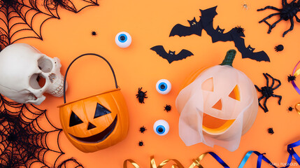 Halloween party, skull, smiling pumpkin bucket, jack-o'-lantern with ghostly face, spider webs, bat silhouettes, fake eyeballs, orange background pattern