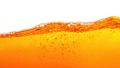 Close-up view of a liquid with bubbles, curved top, black background