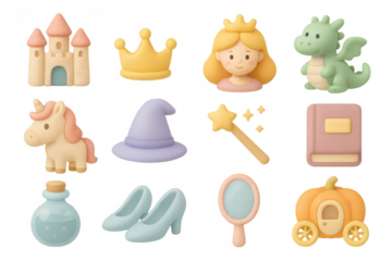 Cute 3d fairy tale icons including princess, castle, dragon, and magical elements