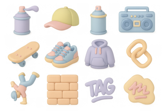 Pastel hip hop icons set featuring graffiti, fashion, and music elements