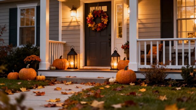 Autumn Porch Decor with Pumpkins