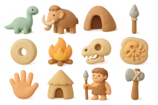 Cute pastel prehistoric set with dinosaurs, caveman, mammoth, and tools