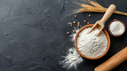 Organic Flour in Wooden Bowl with Wheat Stalks and Rolling Pin on Dark Background for Culinary and Baking Themes