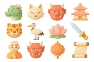 Cute 3d emoji icons of asian culture with dragons, oni masks, and temples