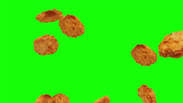 Chicken nuggets fly and fall down. Junk food concept. Available in FullHD and 4K video