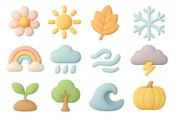 Colorful seasonal symbols in 3d style: weather and nature elements