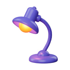 A purple 3d rendered desk lamp with a glowing yellow light bulb, isolated on transparent background