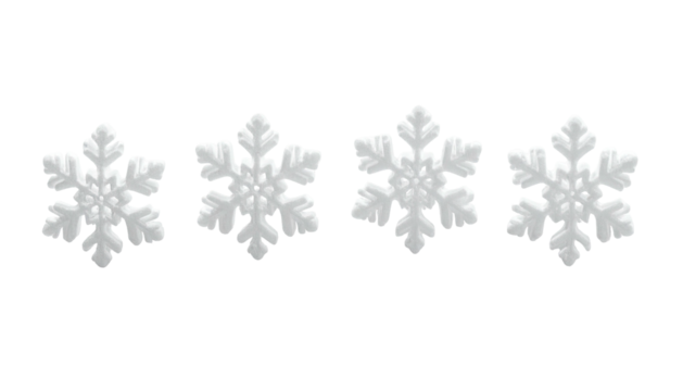 Four white, detailed snowflakes arranged horizontally against a stark black background