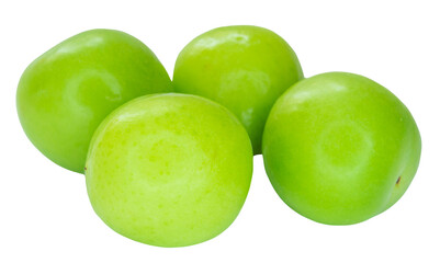 Four green plums isolated on transparent background