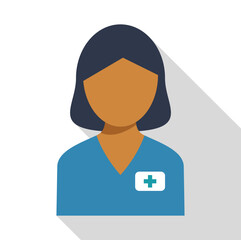Flat design icon of a healthcare professional, possibly a doctor or nurse, wearing a medical uniform and badge, representing healthcare services and medical staff