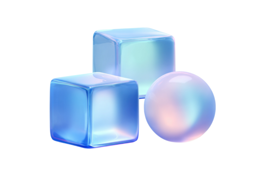 Abstract 3D rendering of two shiny blue cubes and a pastel gradient sphere with a glass-like, soft, and modern aesthetic. background removed