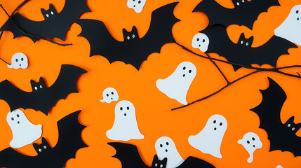 Halloween pattern, devil, bats, branches, orange background
