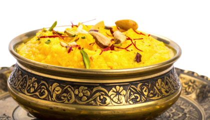 A golden bowl of vibrant yellow sweet dessert garnished with nuts & saffron