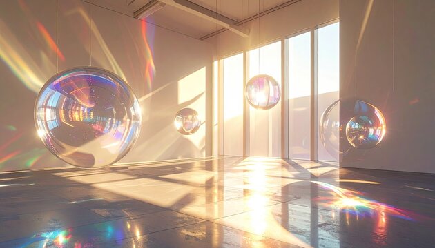 Sunlit orbs hanging in spacious room, casting rainbows