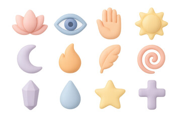 Pastel icons: spiritual and natural elements in 3d design