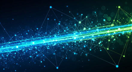 Abstract digital network connection with glowing blue and green light beam.