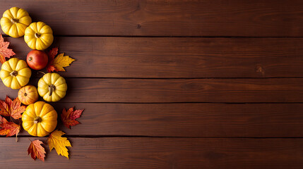 Halloween pumpkin background pattern, pumpkins and leaves on a wooden table, Happy Halloween