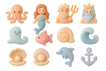 Cute underwater clay figures with ocean animals and mythical characters
