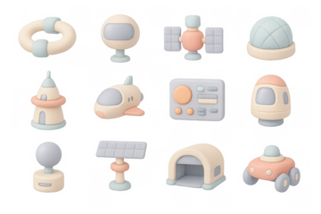 Cute 3d space icons set with rockets, satellites, and planets in pastel colors