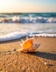 A seashell rests on a sandy beach at sunrise.  Soft morning light illuminates the shell and the ocean waves gently lapping at the shore