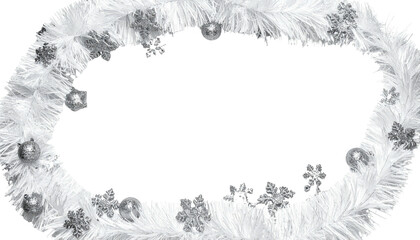 White feathery garland, snowflake and ball ornaments encircling a black void