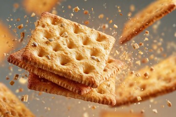 Crispy square crackers with flying crumbs in air