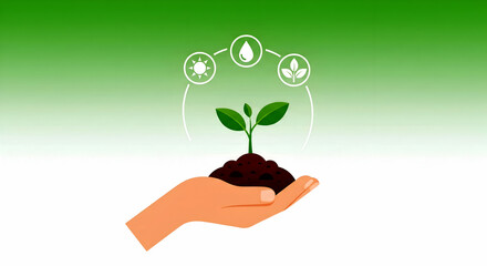 Hand holding soil with a green plant and floating eco icons, symbolizing renewable energy and environmental care.
