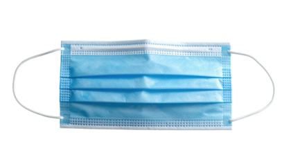 Blue surgical mask, rectangular shape, pleats, white elastic ear loops, on black