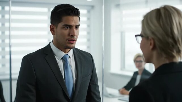 A nervous businessman checks his reflection before a meeting in a modern office. He turns to a female colleague with a confident smile. Overcoming anxiety and professional interaction concept