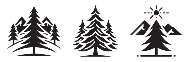 Fototapeta premium Nature Landscape Outdoor Mountain Pine Tree Icon, Flat Silhouette of an Outdoor Scenery Vector for Adventure Illustration Design