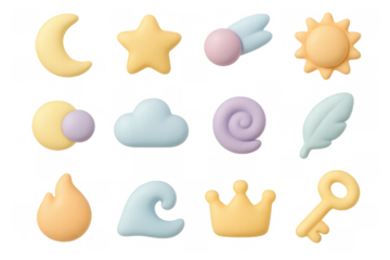 Pastel cartoon icons: sun, moon, clouds, and more in soft 3d design