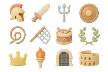 Ancient rome themed icons set in 3d style with symbols of gladiators and mythology