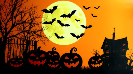 Happy Halloween pumpkin pattern background, pumpkins, bats, moon, yellow sky