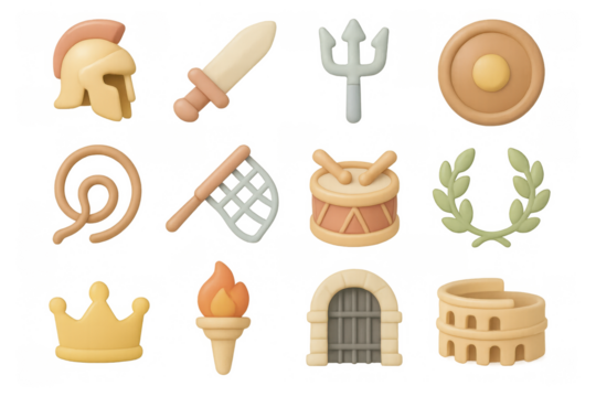Ancient rome themed icons set in 3d style with symbols of gladiators and mythology