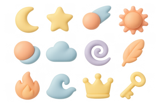 Soft clay icons: celestial and nature-themed symbols for creative design