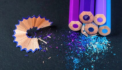 Purple/blue pencils and shavings scattered on black surface