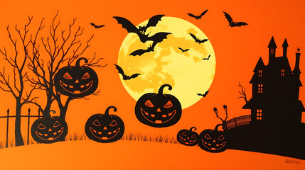 Happy Halloween pumpkin pattern background, pumpkins, bats, moon, yellow sky