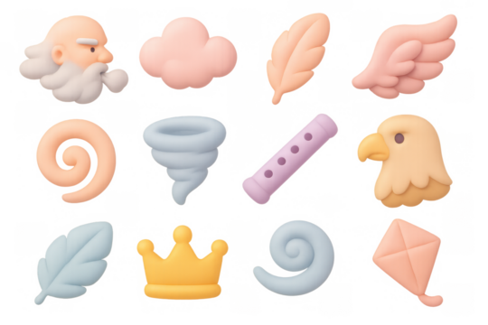 Whimsical cartoon icons: mythological elements and dynamic shapes in soft pastels