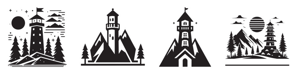 Obraz premium Nature Landscape Outdoor Mountain Lighthouse Icon, Flat Silhouette of an Outdoor Scenery Vector for Adventure Illustration Design